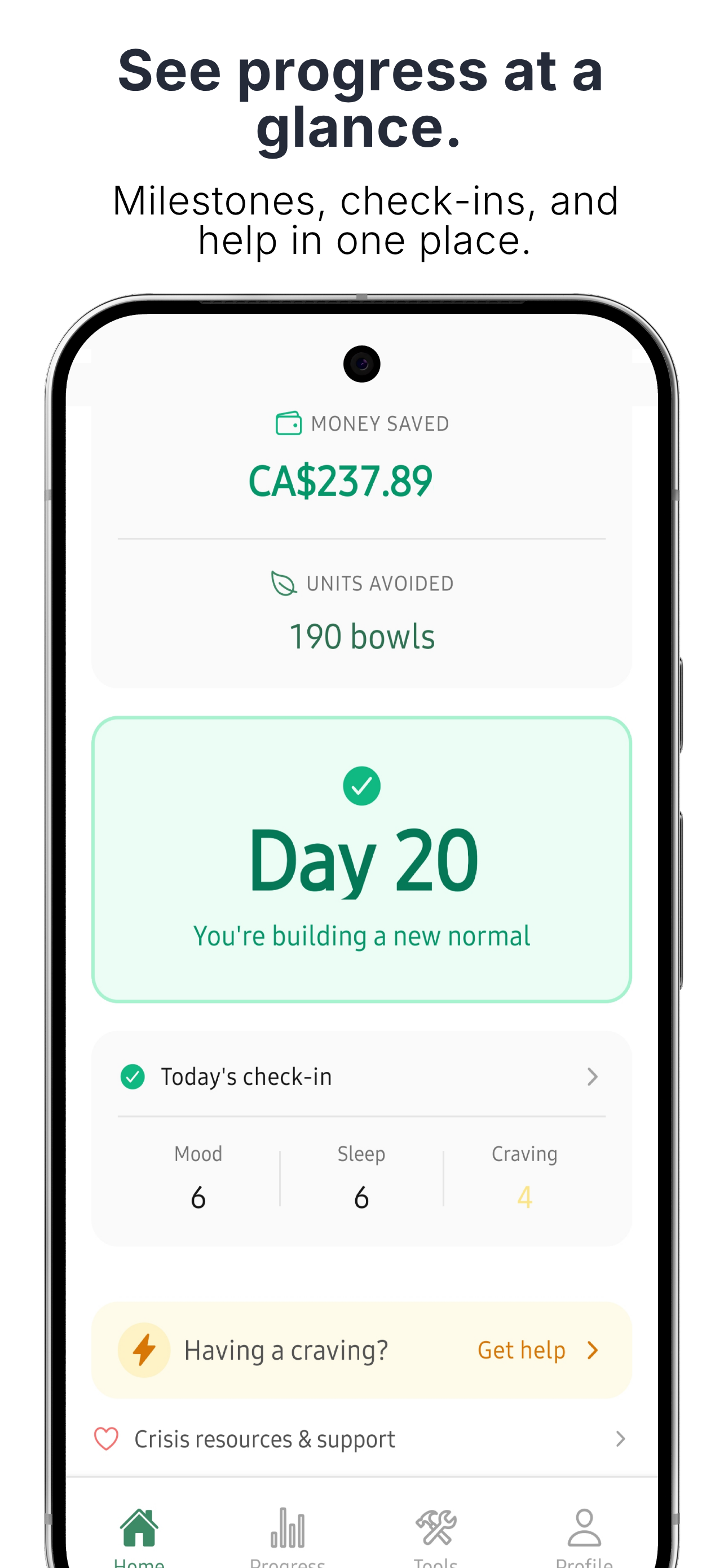 SOS screen with immediate craving support tools